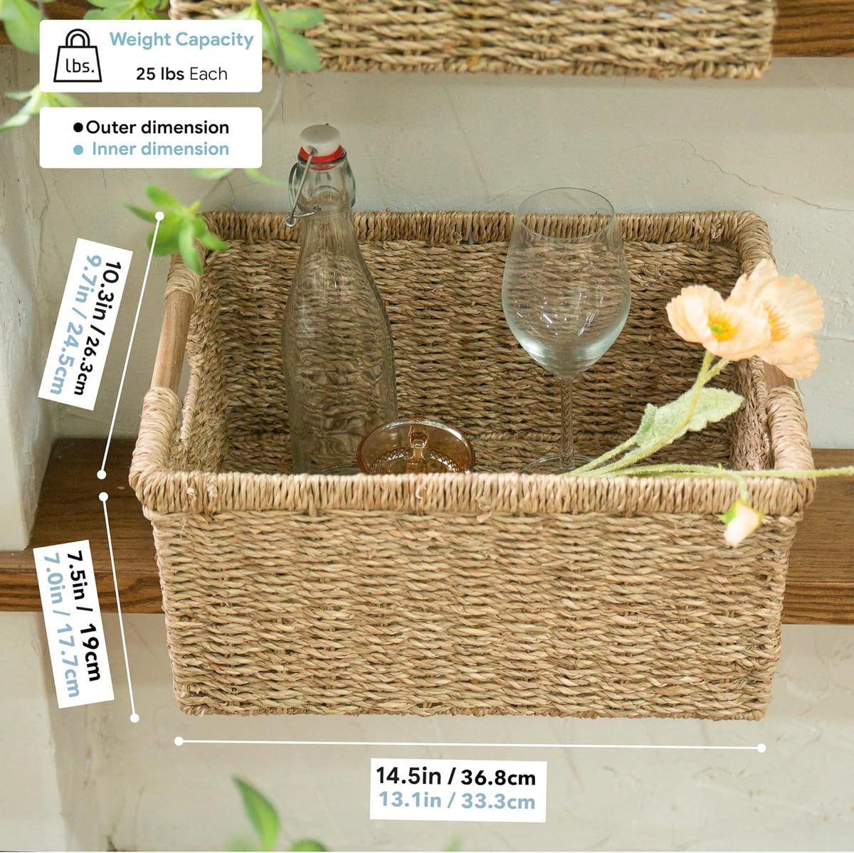 Large Wicker Storage Basket with Wooden Handles, Seagrass Basket for Shelves, Natural Wicker Bin