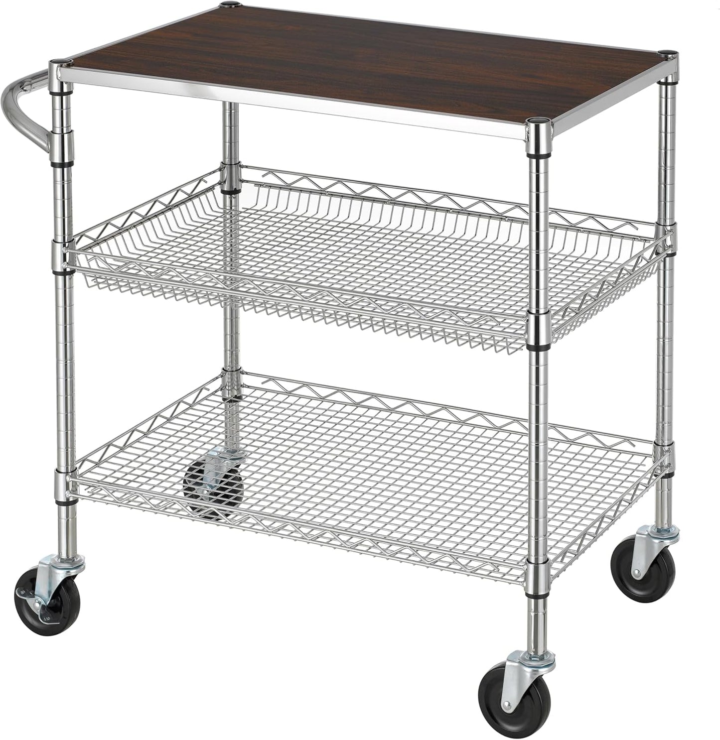 Finnhomy 3 Tier Heavy Duty Commercial Grade Utility Cart with Wood Top, Wire Rolling Cart with