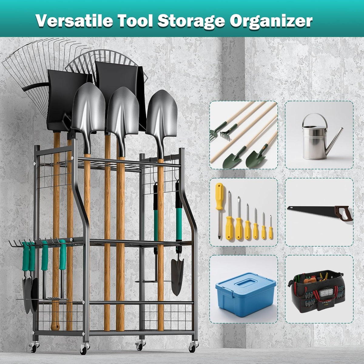 EVERHANGER Garden Tool Organizer Stand, Garage Tool Storage Organization, Yard Tool Racks with