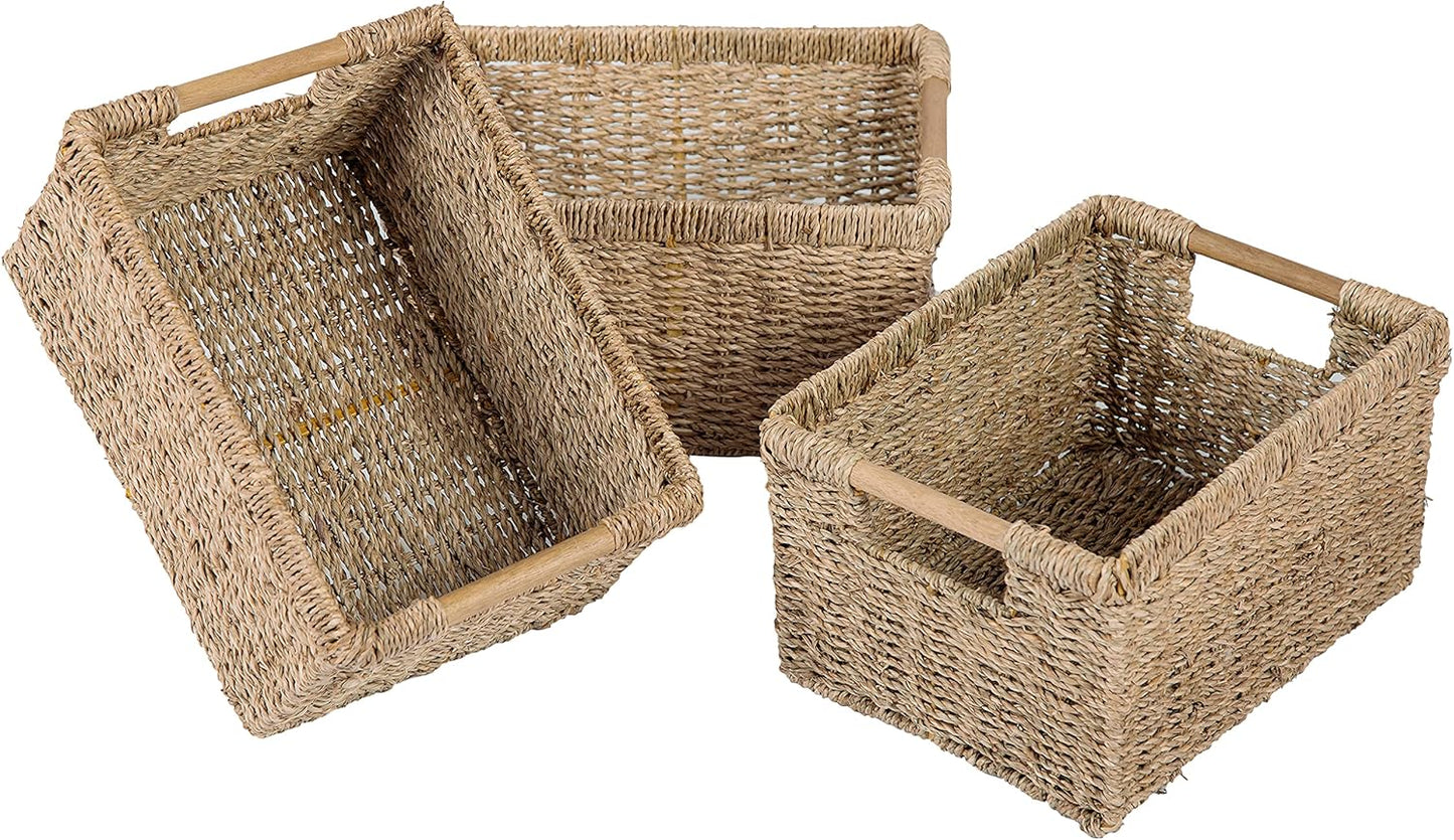Natural Seagrass Basket with Wooden Handle, Medium Rectuangular Wicker Basket for Living Room 12.2
