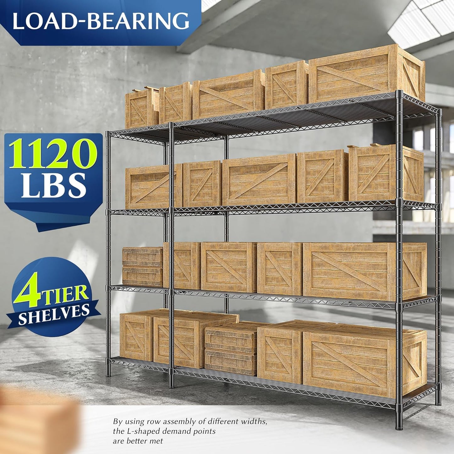 52.36''W Storage Shelves Metal Shelving Unit Load 1120LBS 4 Tier Wire Shelving for Storage Rack