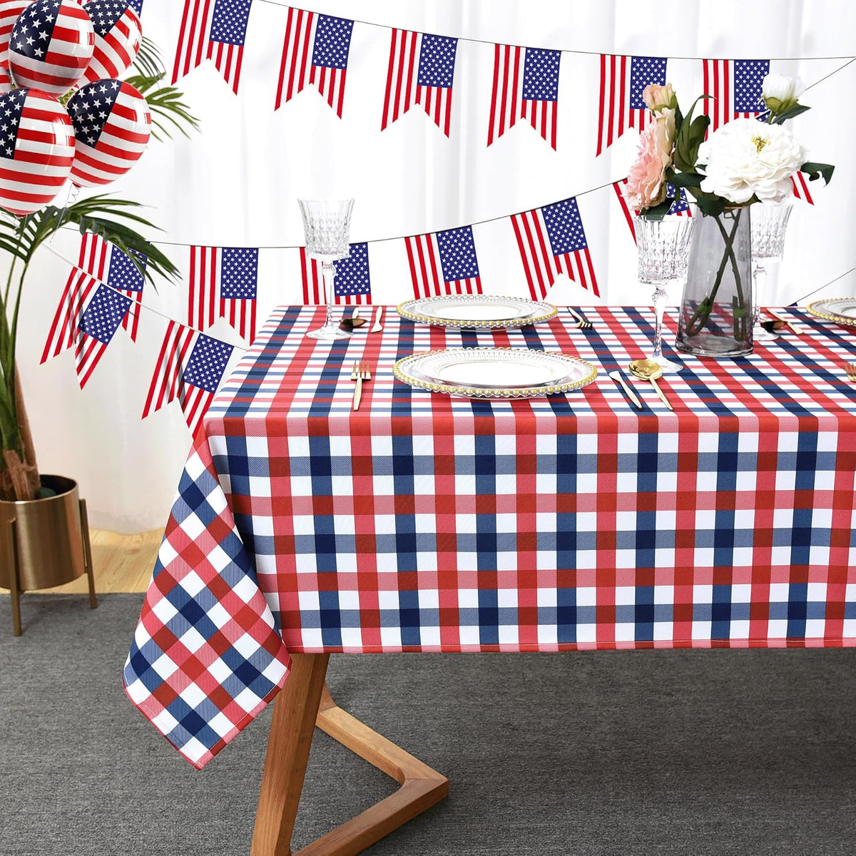 Waterproof Plaid Tablecloth Fabric - Square 58x58 Inch Classic Gingham Checker Table Cloth for