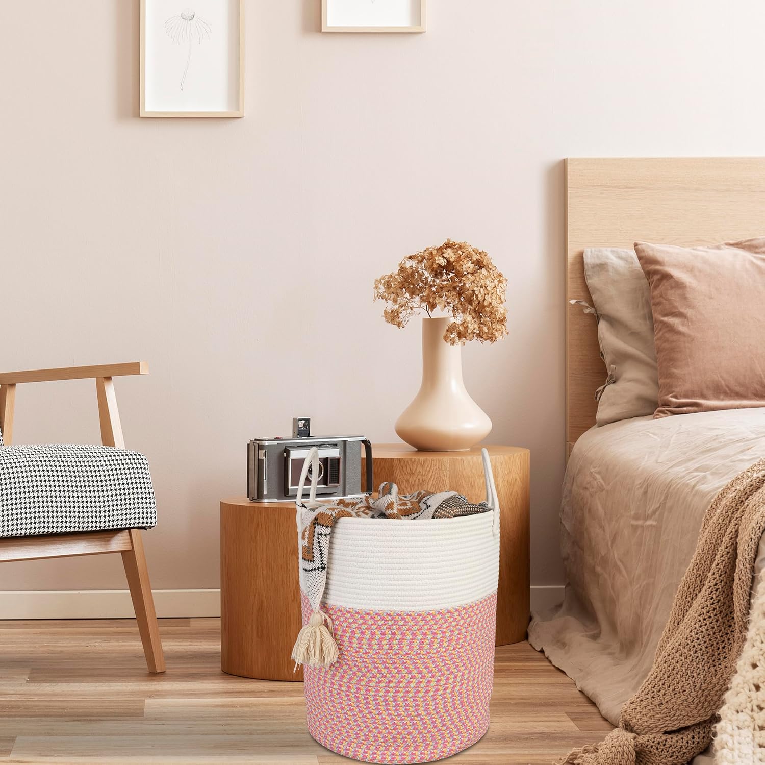 Cotton Rope Laundry Basket Hamper for Clothes Woven Storage Basket for Living Room Bedroom Boho