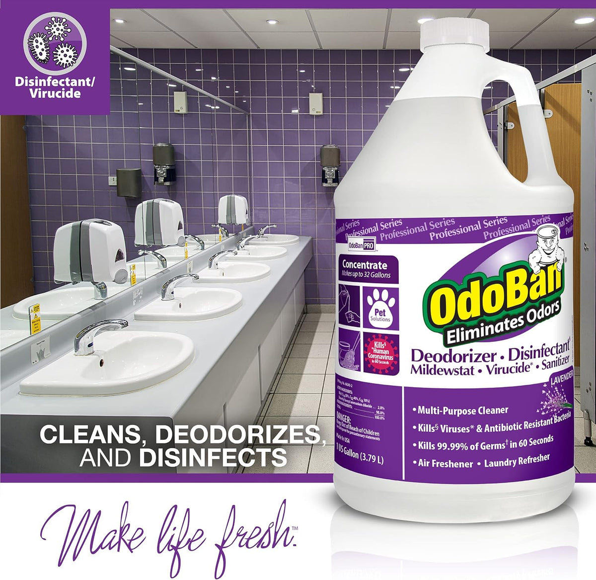 OdoBan Professional Disinfectant and Odor Eliminator Concentrate, Made in the USA, Lavender Scent