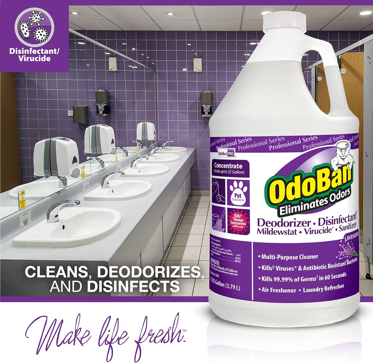 OdoBan Professional Disinfectant and Odor Eliminator Concentrate, Made in the USA, Lavender Scent