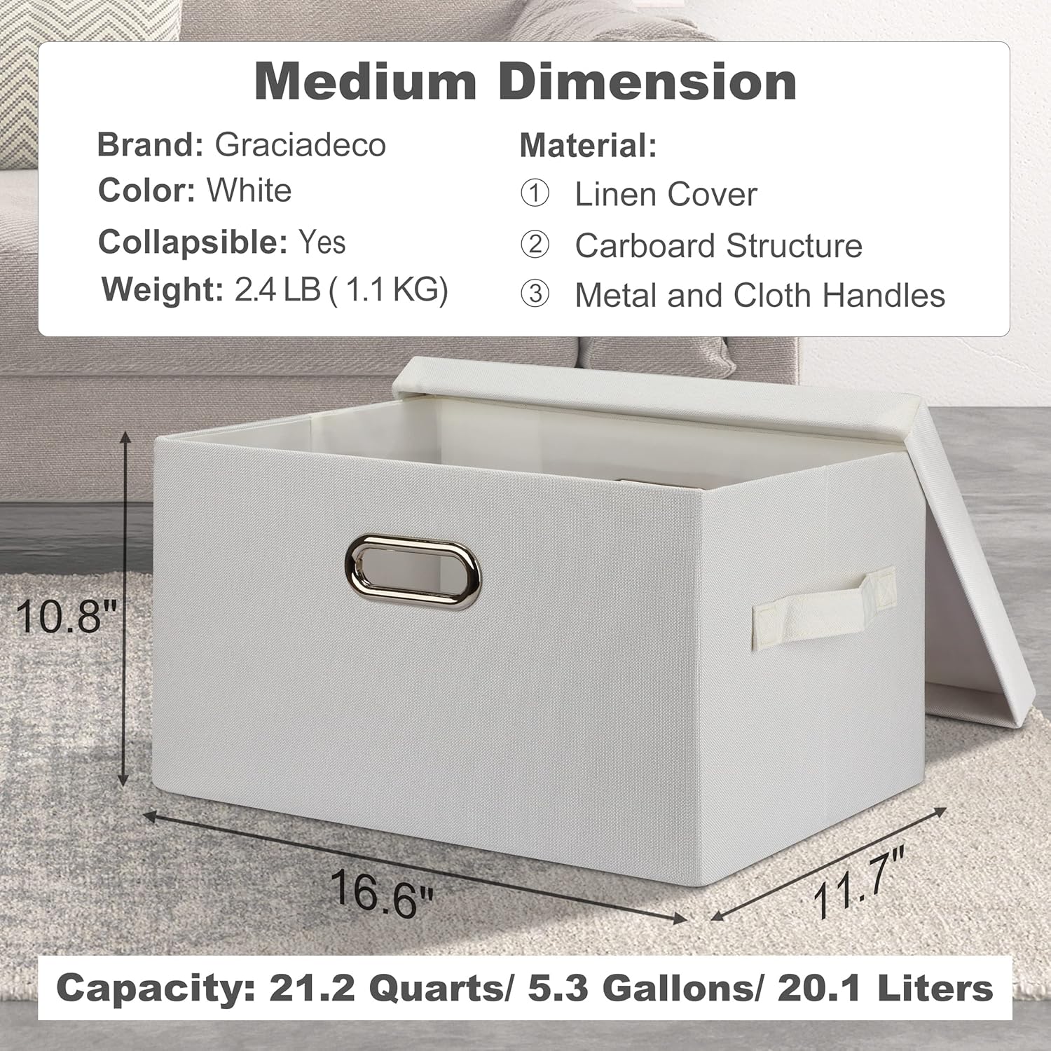 Medium 15" 21 Quart Collapsible Stackable Storage Bins with Lids, 5 Packs White Foldable Fabric