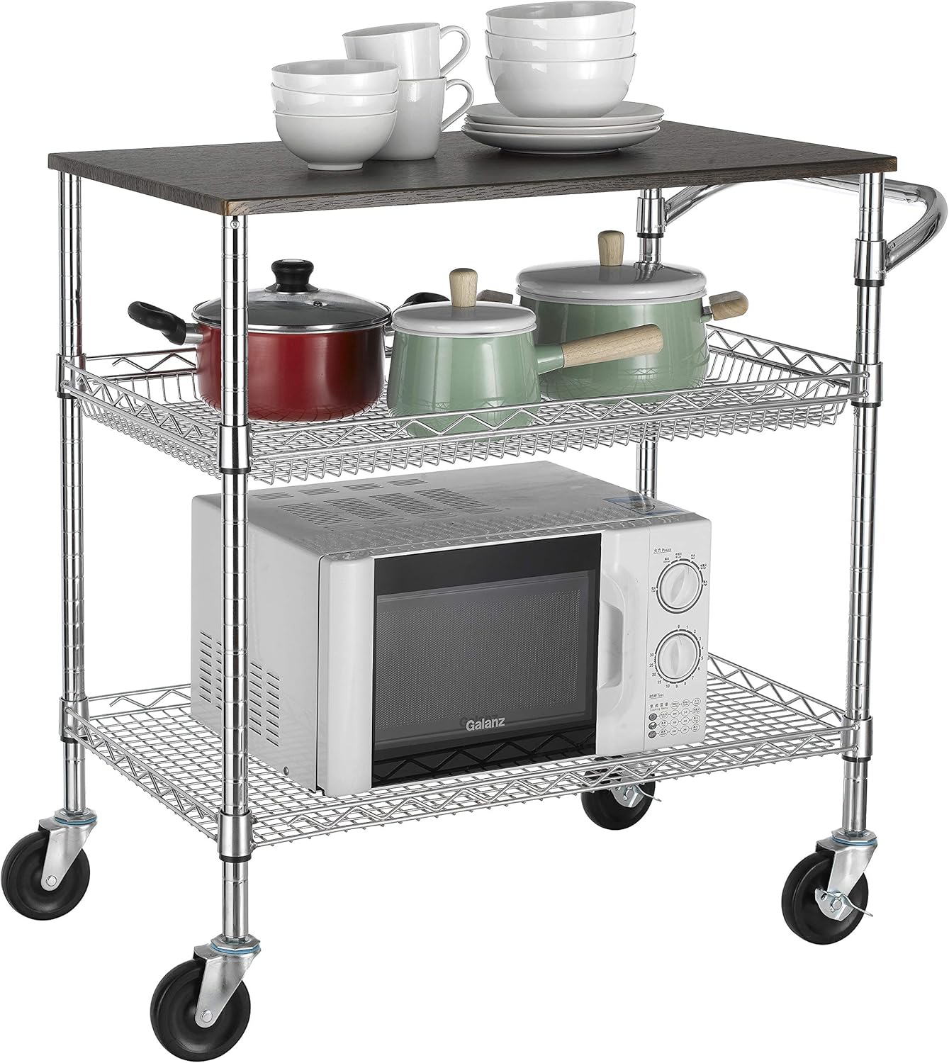 Finnhomy 3 Tier Heavy Duty Commercial Grade Utility Cart with Wood Top, Wire Rolling Cart with