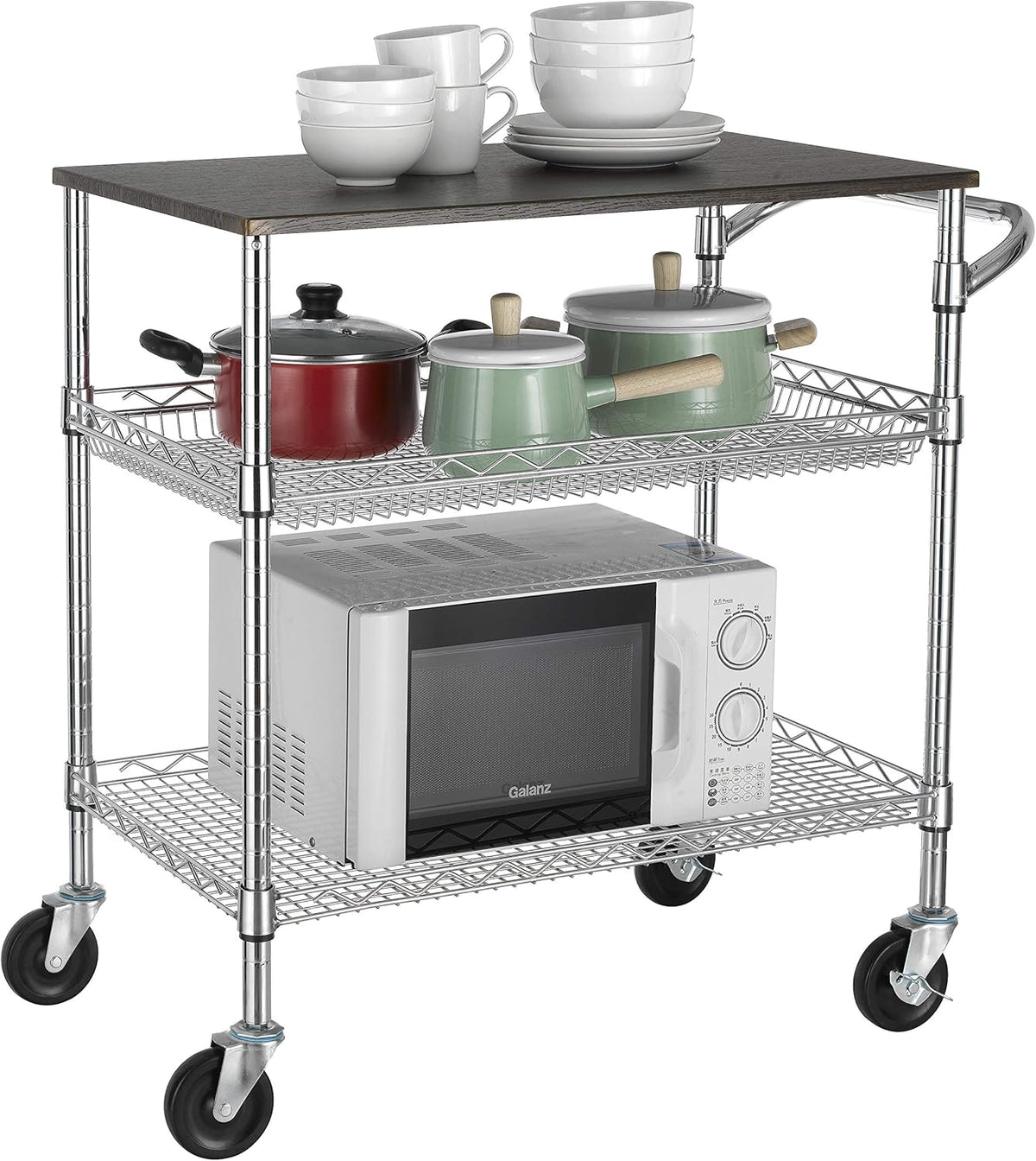 Finnhomy 3 Tier Heavy Duty Commercial Grade Utility Cart with Wood Top, Wire Rolling Cart with