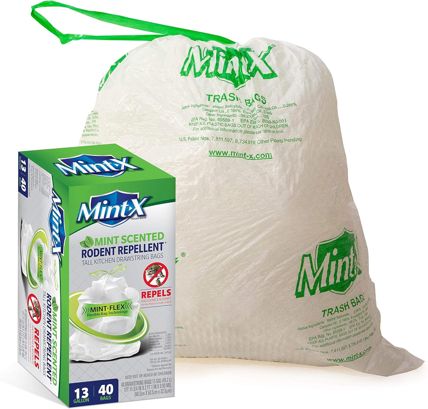 Mint-X MintFlex Rodent Repellent Trash Bags, Tall Kitchen Drawstring Bags, 1 FT 11 ¾ Inches X 2 FT