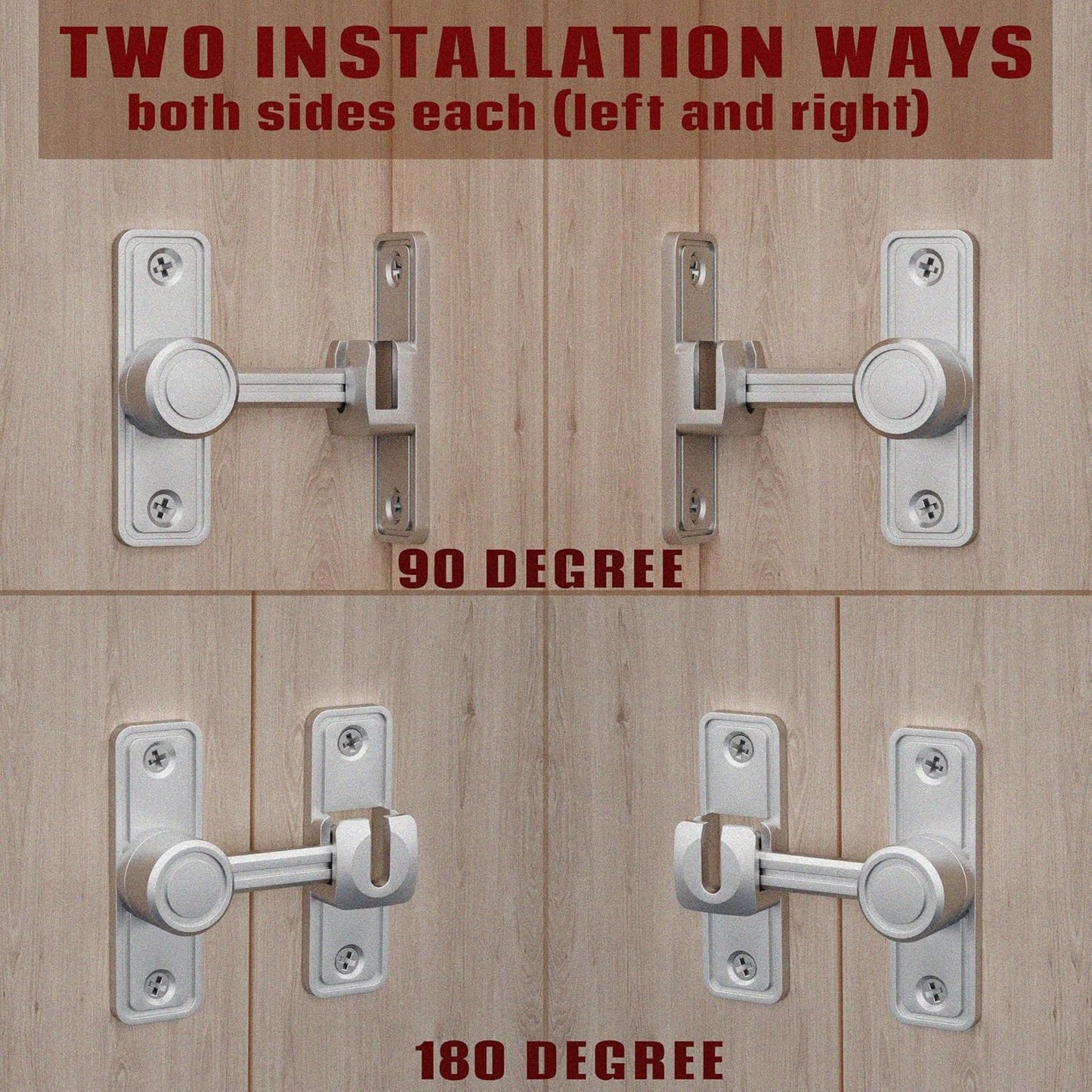 Barn Door Privacy Latch, 90°/180° Swing Slide Lock, Zinc-Alloy, Adhesive or Screw Mount, Interior