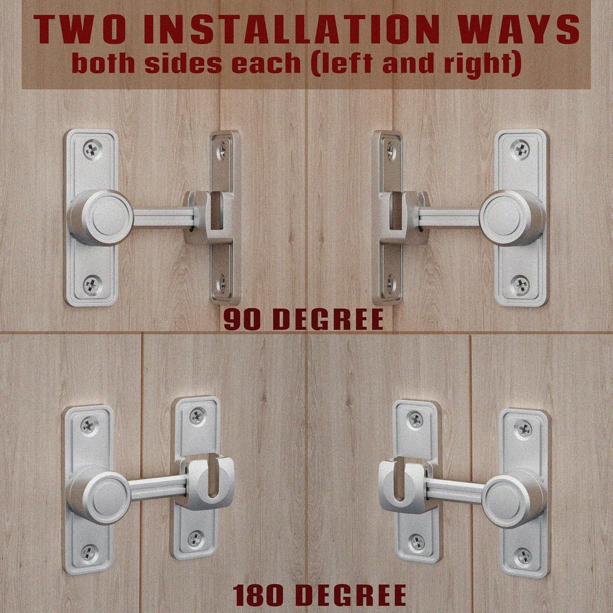 Barn Door Privacy Latch, 90°/180° Swing Slide Lock, Zinc-Alloy, Adhesive or Screw Mount, Interior