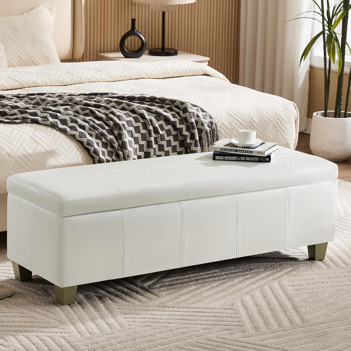 51" Faux Leather Storage Ottoman, Stitch Tufted Rectangle Upholstered End of Bed Storage Bench