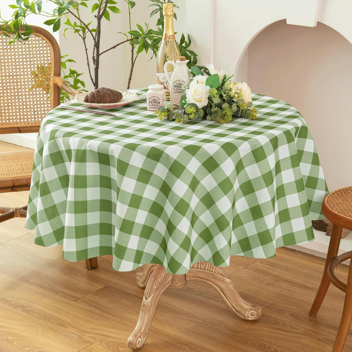 Waterproof Plaid Tablecloth Fabric - Round 50 Inch Classic Gingham Checker Table Cloth for