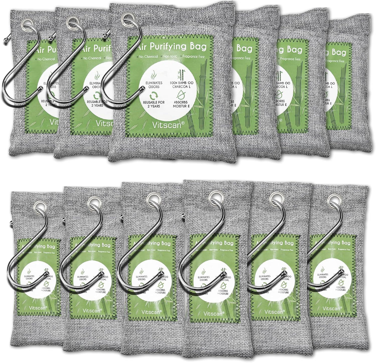 12 Pack Bamboo Air Purifying Bag, Activated Charcoal Bags Odor Absorber, Moisture Absorber, Natural