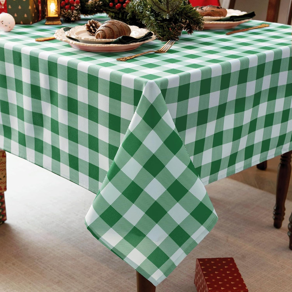 Classic Gingham Tablecloth Fabric - Oblong 58x120 Water Resistant Chequered Pattern Table Cloth for