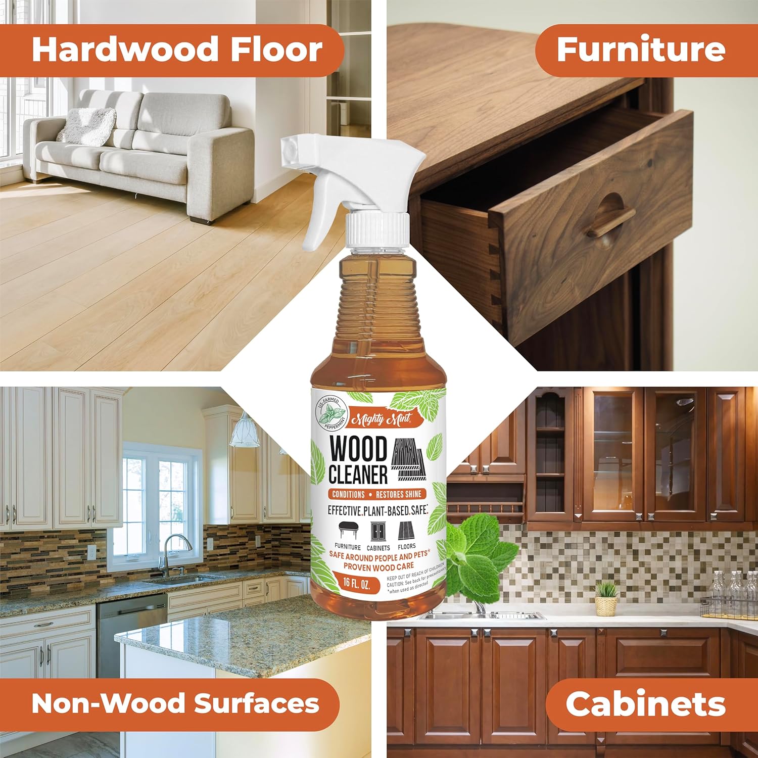 Mighty Mint Wood Cleaner and Conditioner, Spray Cleans and Renews Wood, Natural Peppermint Scent