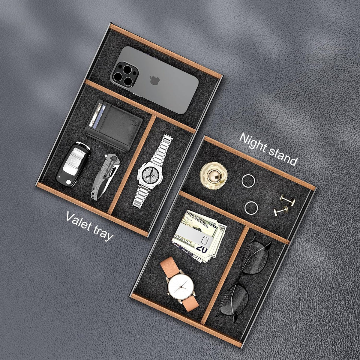 UPERGO Desk Drawer Organizer Tray, Mens Valet Made of Aluminum and Walnut, Aesthetic Desk
