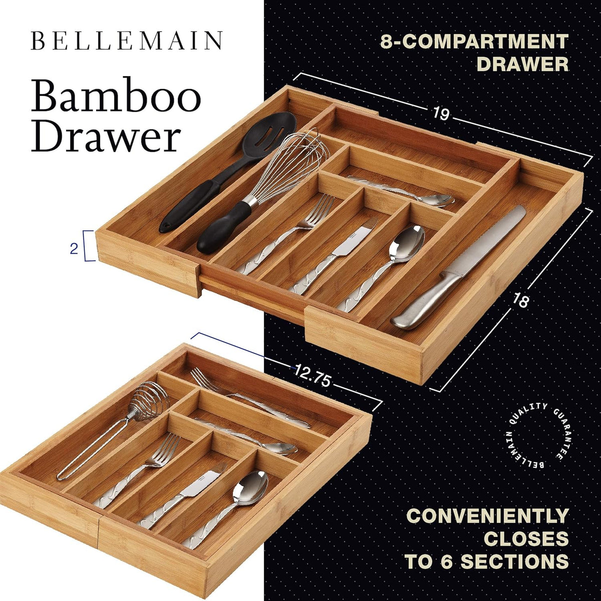 Bellemain Expandable Bamboo Drawer Organizer - Large Kitchen Utensil Holder for Cutlery