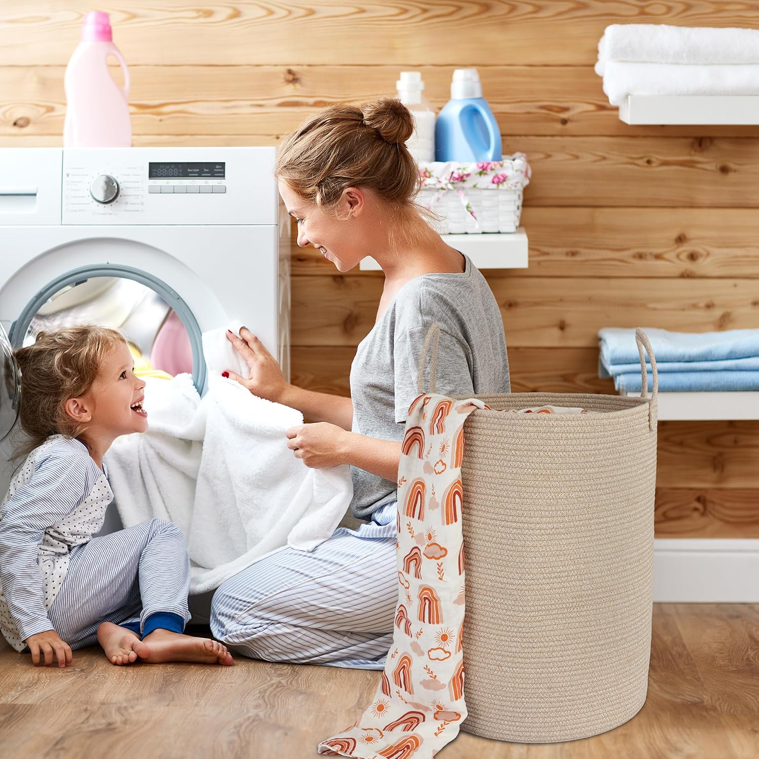 Cotton Rope Laundry Basket Hamper for Clothes Woven Storage Basket for Living Room Bedroom Boho