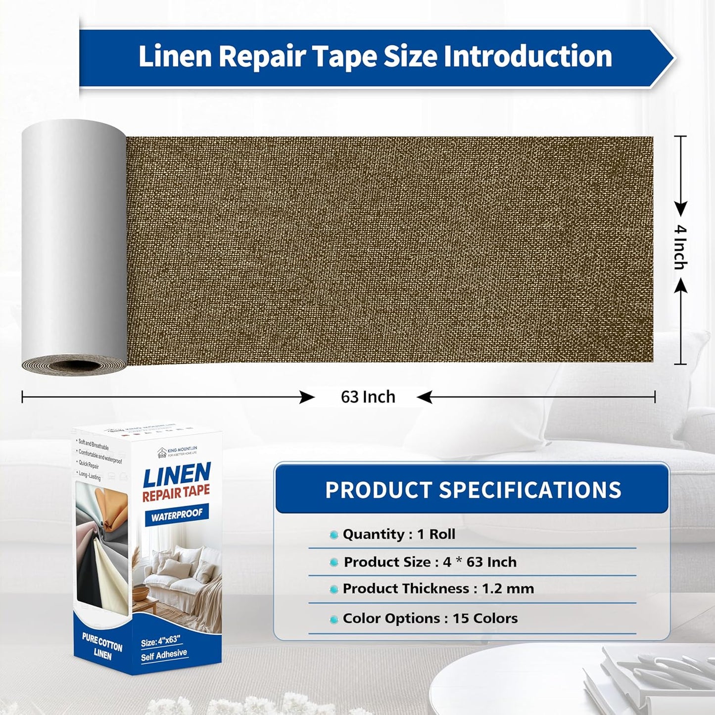 KING MOUNTAIN Linen Repair Patches, Self-Adhesive Fabric Patches, 4 X 63 inch Extra Size, Multi