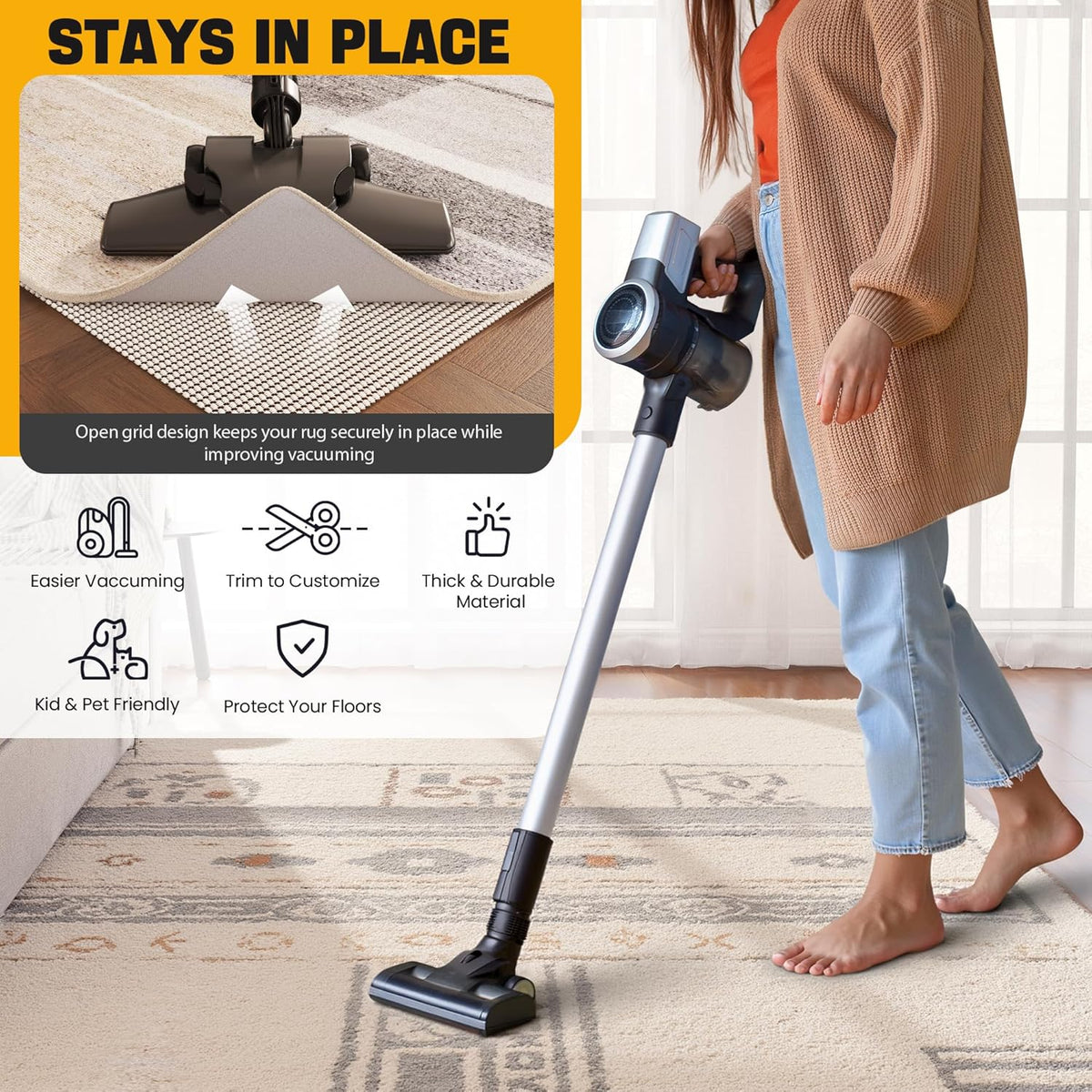 Non-Slip Rug Pad Gripper 2x4 Feet, Anti Skid Mat for Under Area Rugs, Keeps Rugs in Position and