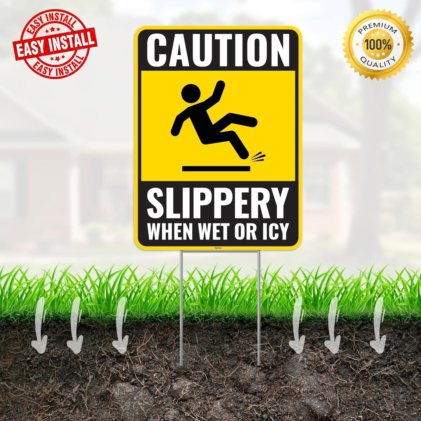 2PC Caution Slippery When Wet Or Icy Sign with Metal Stakes, 12 Inches by 9 Inches - Corrugated