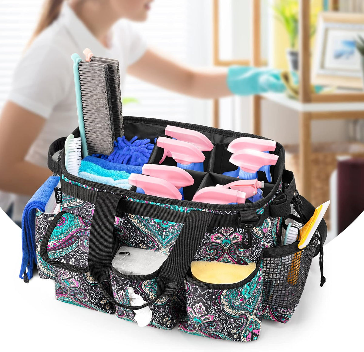 LoDrid Large Wearable Cleaning Caddy Bag with Detachable Divider, Cleaning Supply Tote Organizer