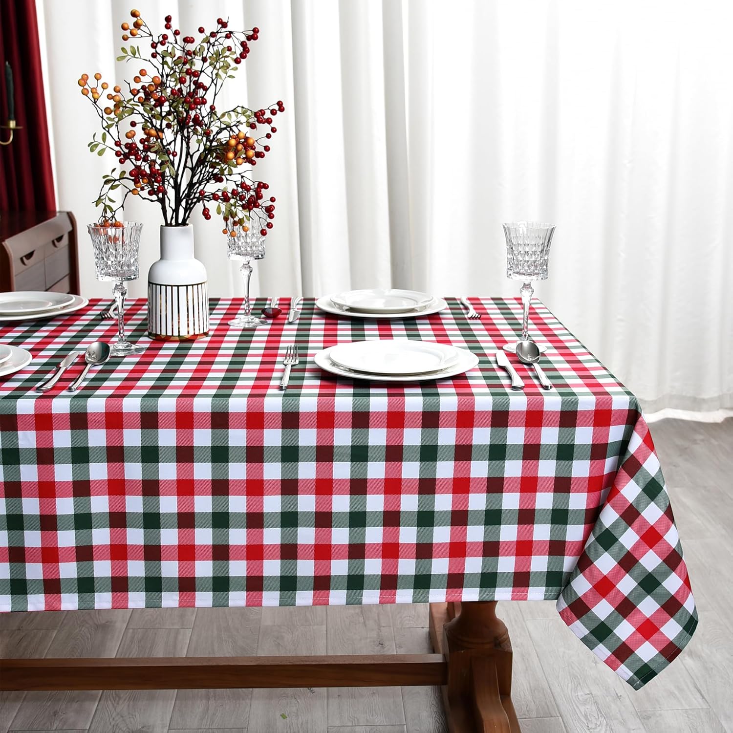 Gingham Xmas Tablecloth Fabric - Oblong 58x120 Water Resistant Christmas Plaid Table Cloth for