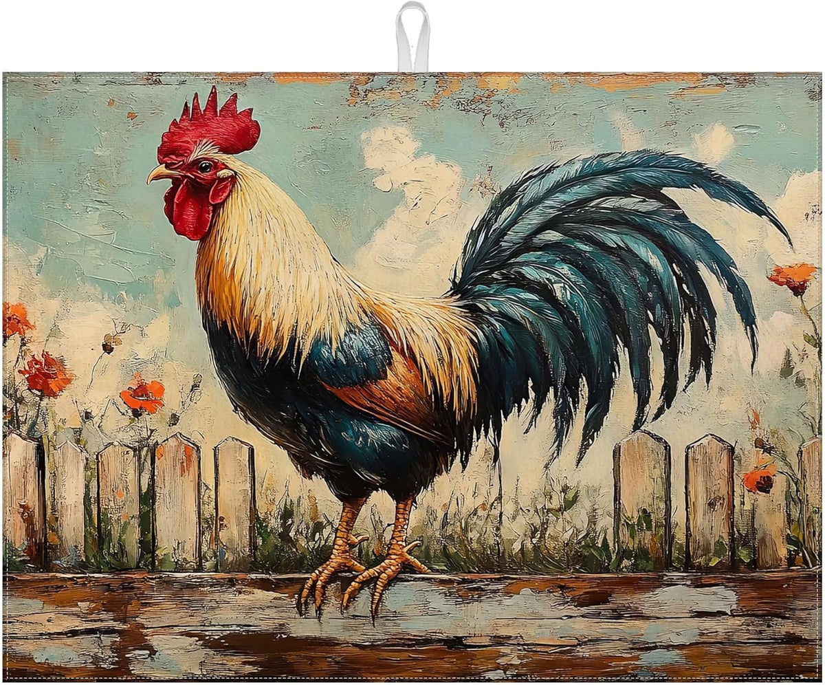 Vintage Rooster Dish Drying Mat for Kitchen Counter Microfiber Absorbent Dish Kitchen Drying Mat