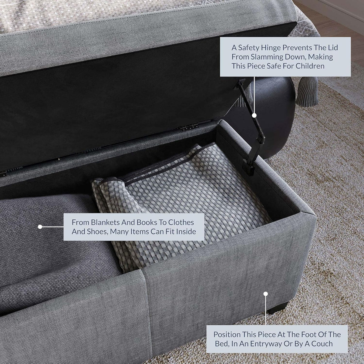 BELLEZE Storage Ottoman, 47 Inch Bench Bedroom Bench with Safety Close Hinge, Extra Long Ottoman