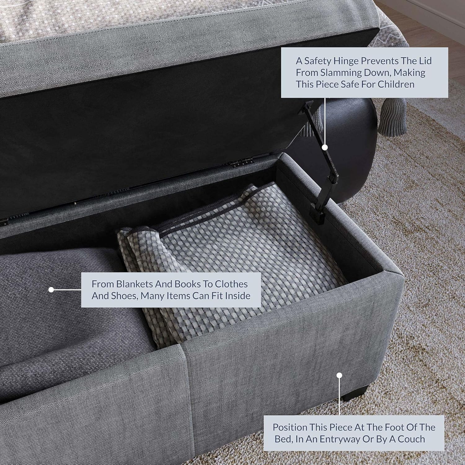 BELLEZE Storage Ottoman, 47 Inch Bench Bedroom Bench with Safety Close Hinge, Extra Long Ottoman