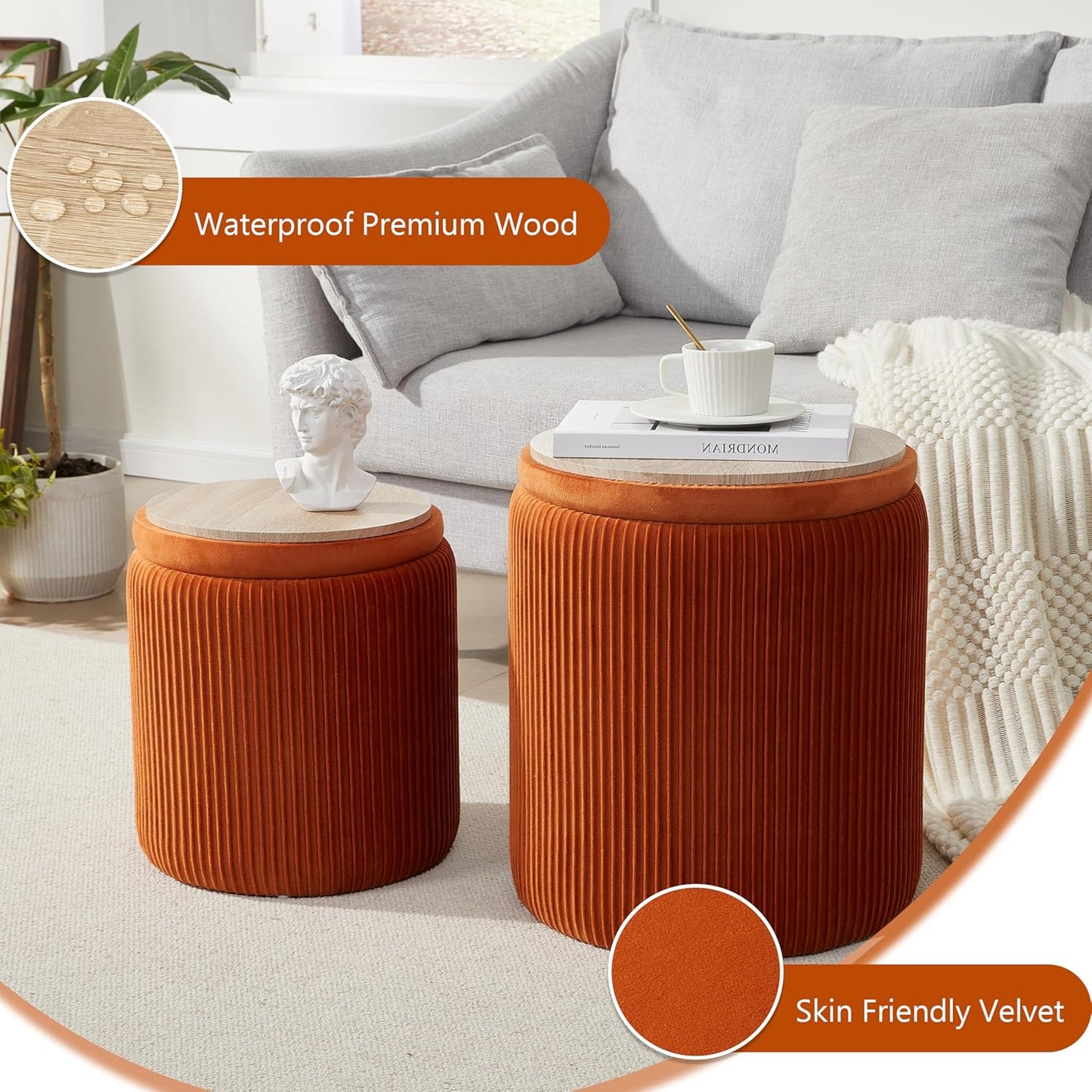 Round Ottoman with Storage Set of 2,Vanity Stool with Storage for Bedroom, Ottoman Coffee