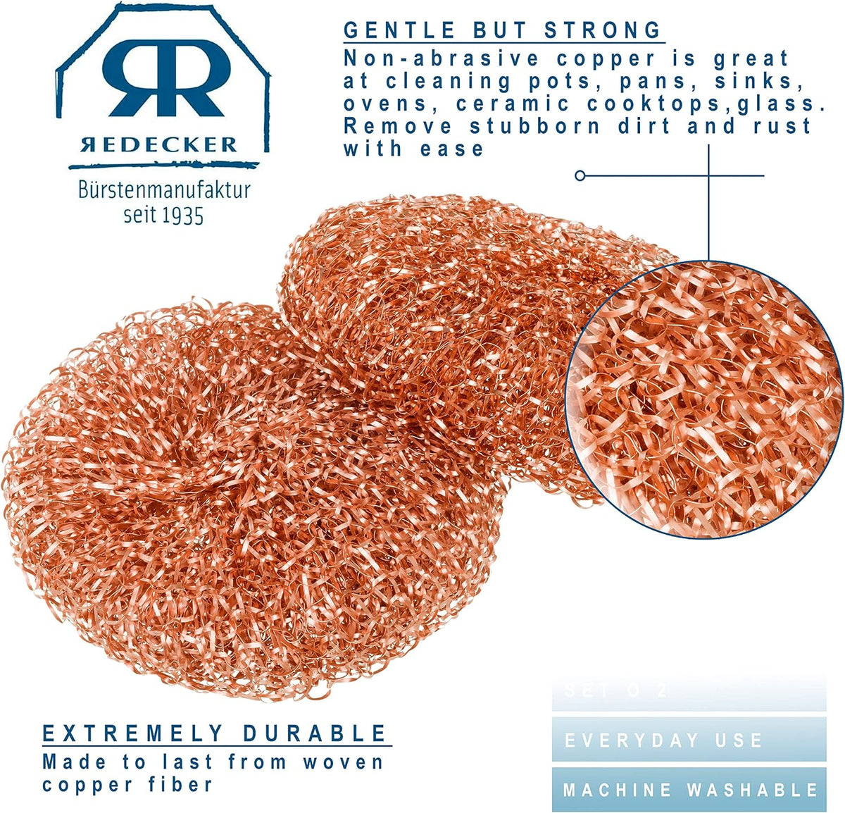 Redecker Real Copper Pot Scrubbers – Double-Layer Copper Scouring Pads for Pots, Pans, Dishes &