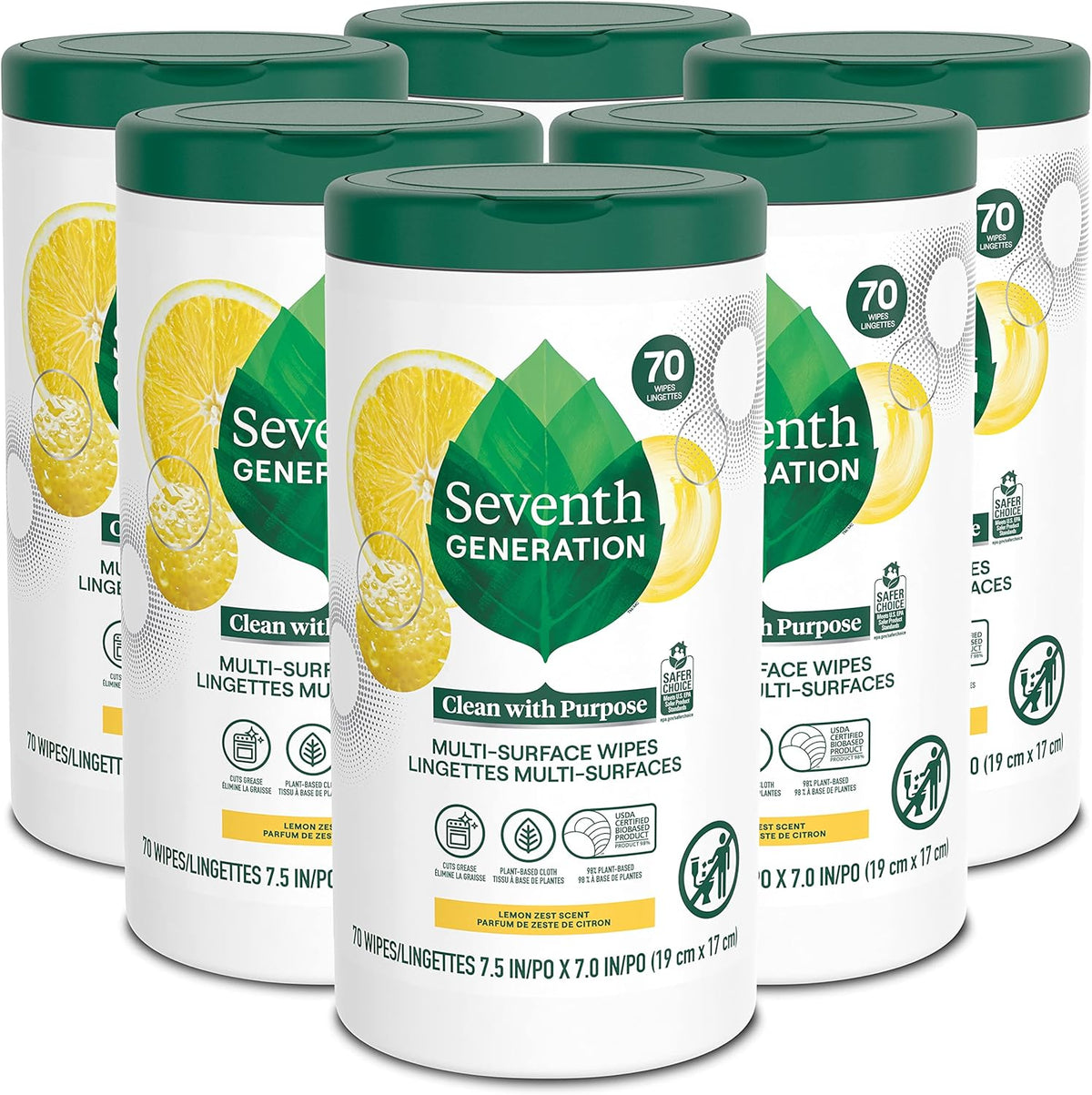 Seventh Generation Multi Surface Wipes All Purpose Cleaning Lemon Zest scent with 100% Essential