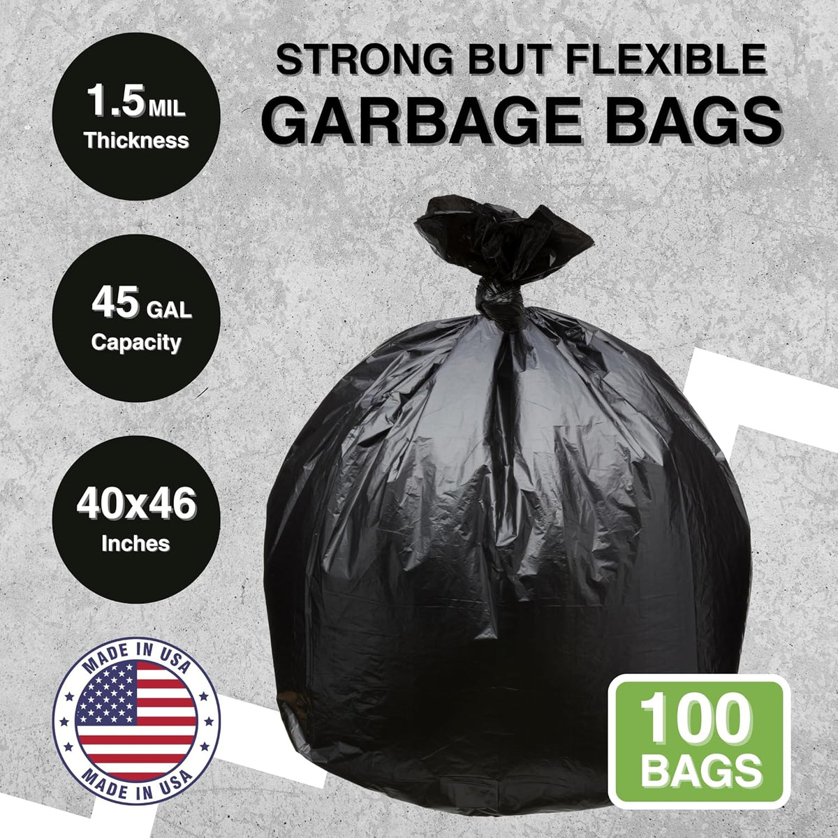 45 Gallon Garbage Trash Bag 40X46" 1.5 Mil Black 100 Count Can Liner Bulk 40 Gallon 41 Gallon 42