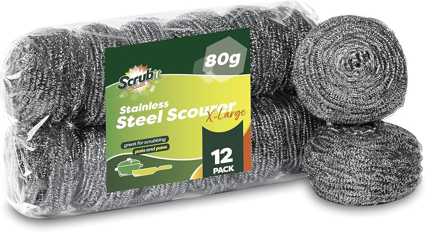 12 Pack Stainless Steel Scourers by Scrub It – Steel Wool Scrubber Pad Used for Dishes, Pots, Pans