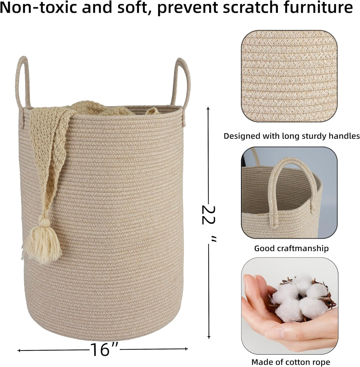 Cotton Rope Laundry Basket Hamper for Clothes Woven Storage Basket for Living Room Bedroom Boho
