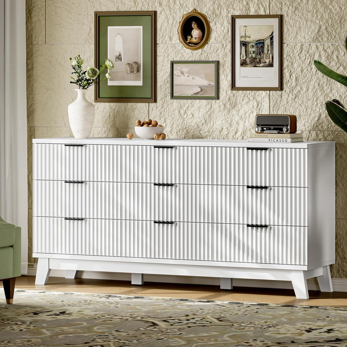 Fluted Dresser with 9 Drawers, 63" Wide Modern Chest of Drawers with Metal Handle, Wooden Dresser