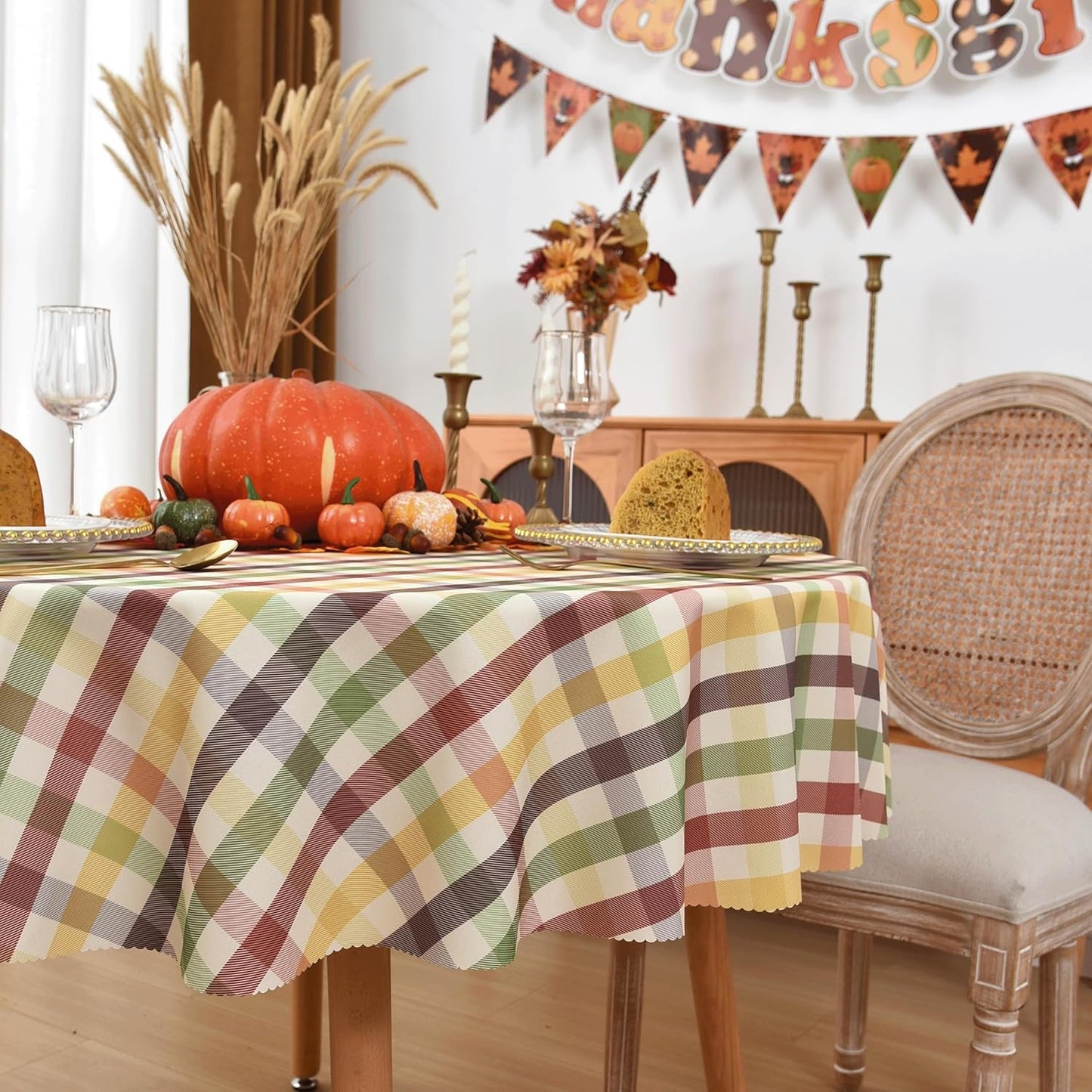 Waterproof Plaid Tablecloth Fabric - Round 58 Inch Classic Gingham Checker Table Cloth for