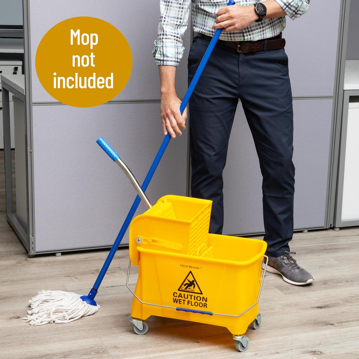 Mind Reader Mop Bucket with Wringer, 22 Qt (5.5 Gallon), Floor Cleaning, Handle, Wheels, 16.25"L x