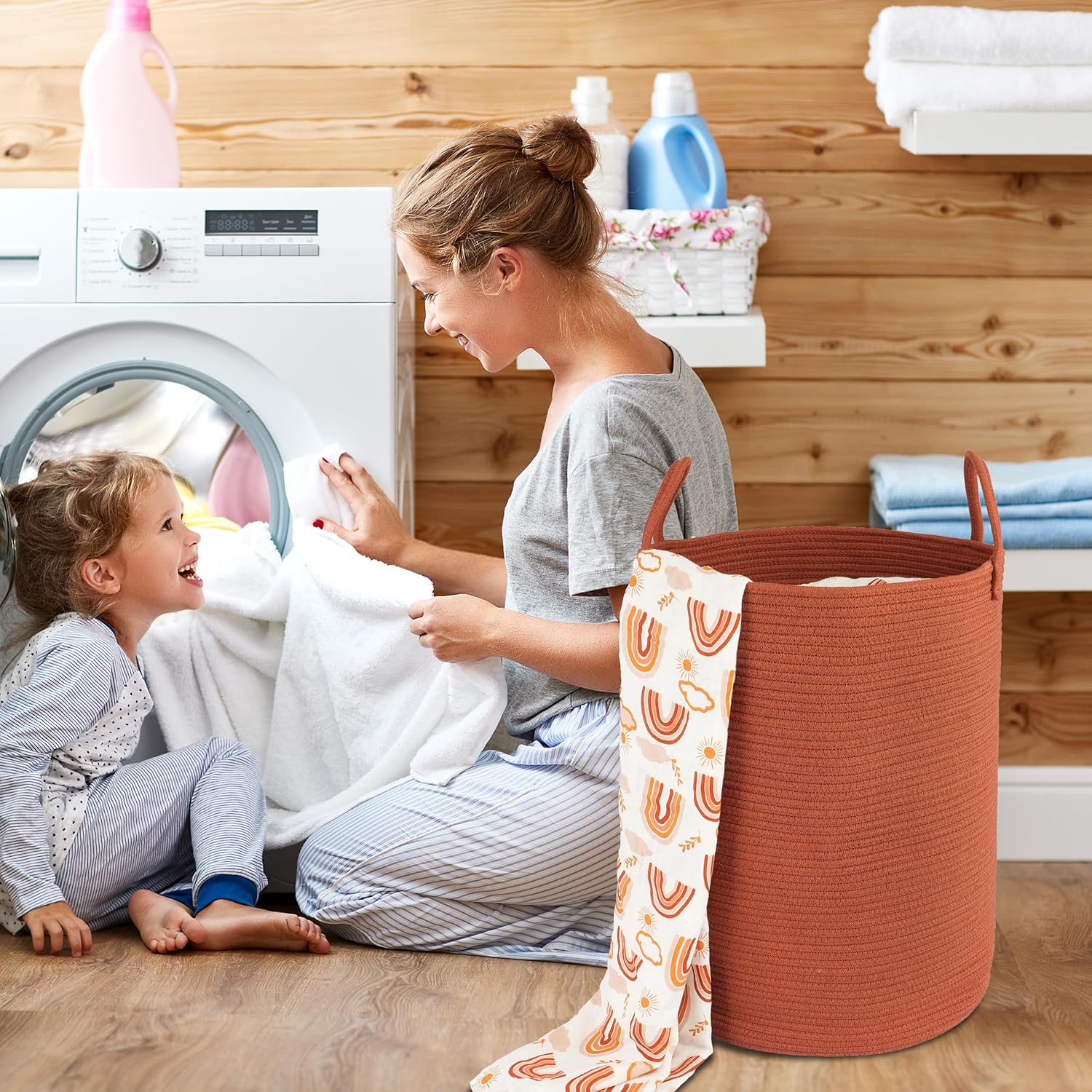 Cotton Rope Laundry Basket Hamper for Clothes Woven Storage Basket for Living Room Bedroom Boho