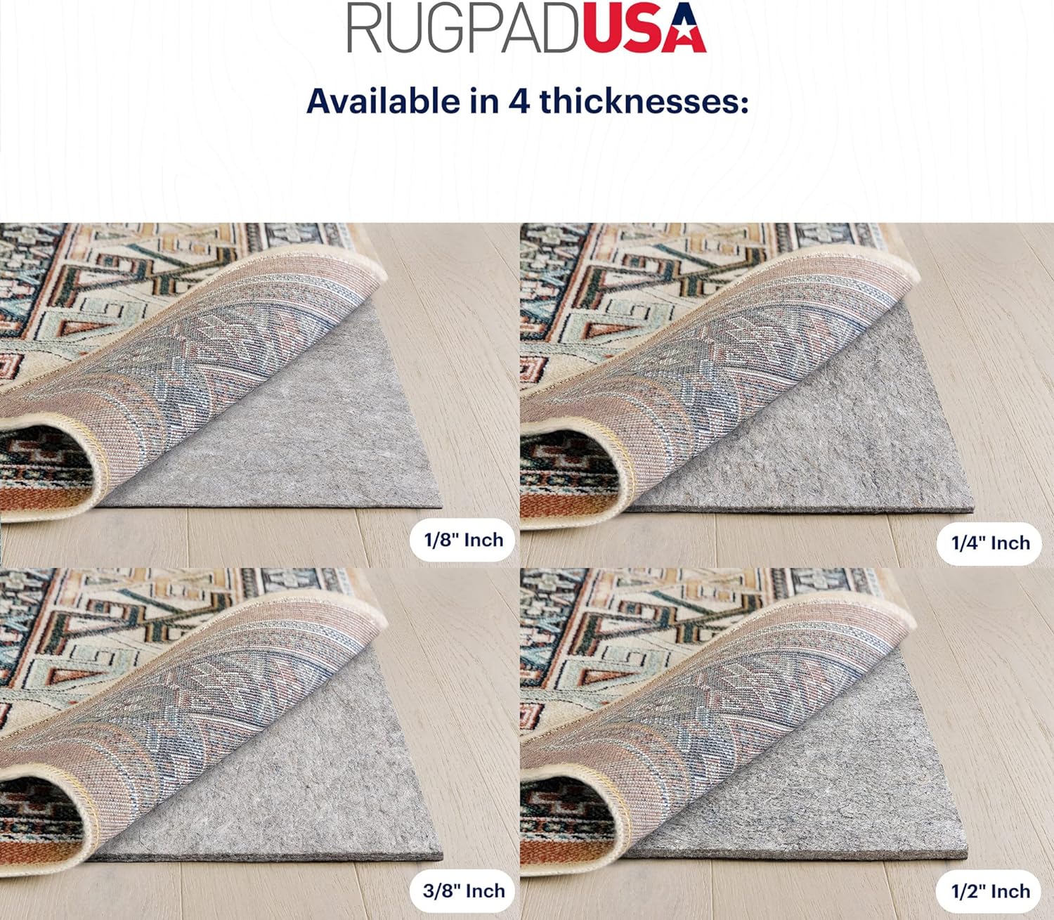 RUGPADUSA - Dual Surface - 6' Square - 3/8" Thick - Felt + Rubber - Enhanced Non-Slip Rug Pad