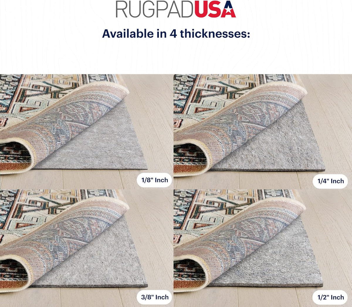 RUGPADUSA - Dual Surface - 3'x5' - 1/2" Thick - Felt + Rubber - Non-Slip Backing Rug Pad - Adds