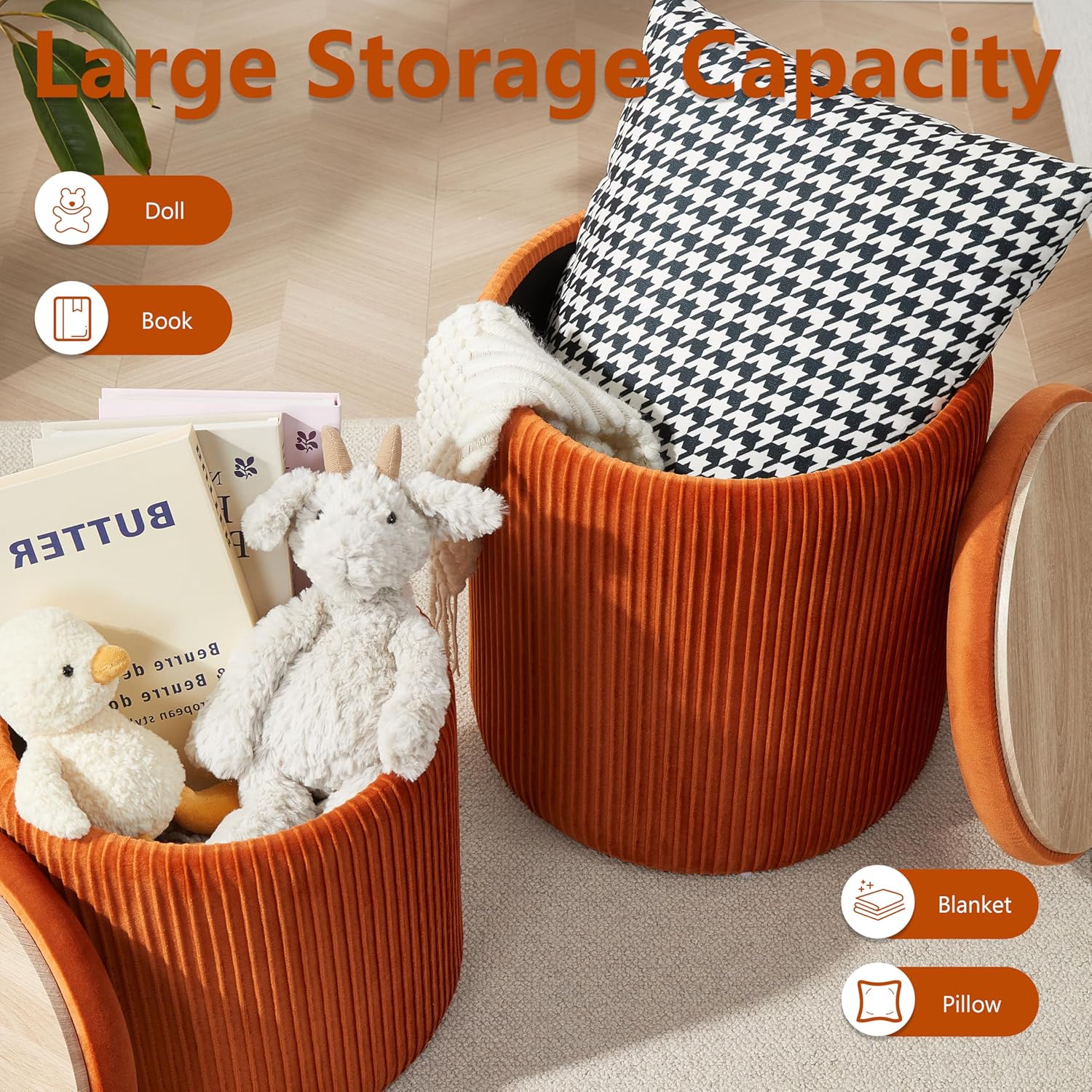 Round Ottoman with Storage Set of 2,Vanity Stool with Storage for Bedroom, Ottoman Coffee
