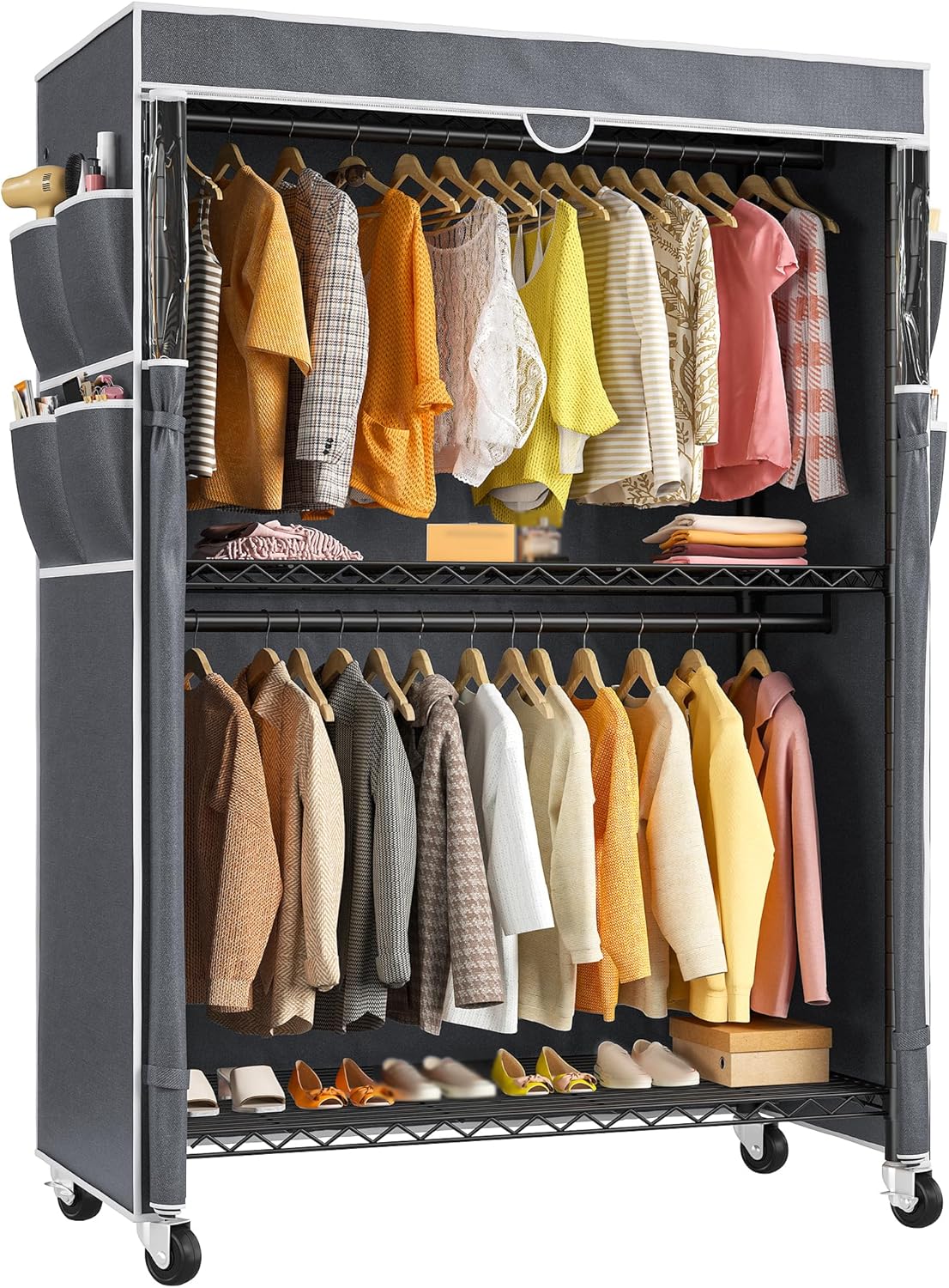 Raybee Clothes Rack with Cover, 81" H Clothing Racks for Hanging Clothes, Portable with Wheels and