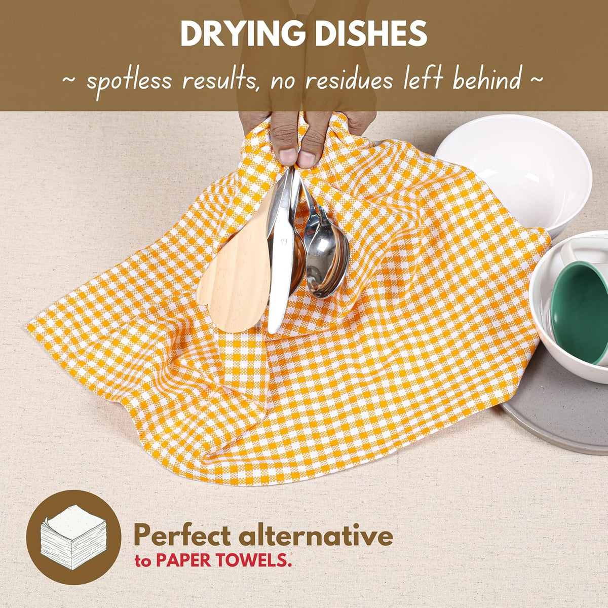Native Fab 6 Pack Gingham Mini Check Kitchen Hand Towels Set - 100% Cotton Absorbent Reusable