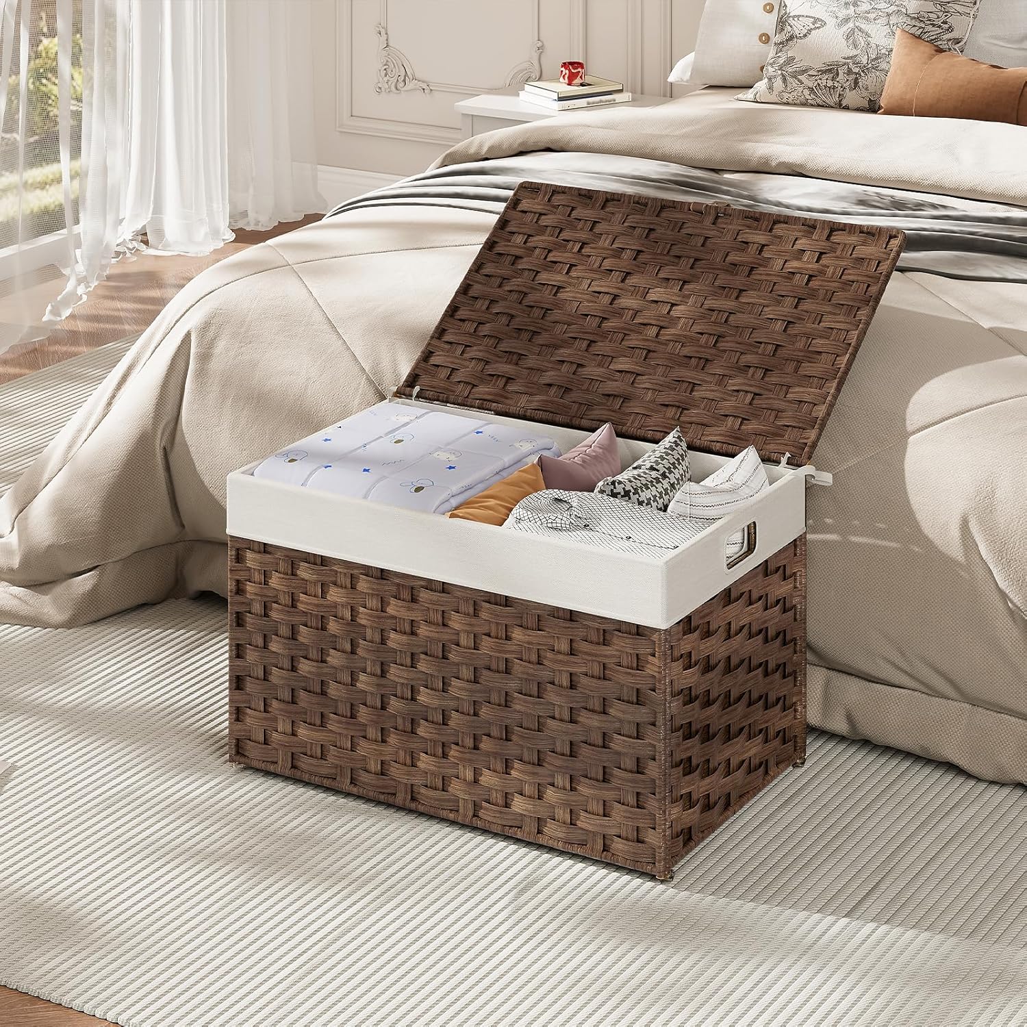HOOBRO Storage Basket with Lid, 17.2 Gallon (65L) Wicker Basket, Handwoven Blanket Storage Basket