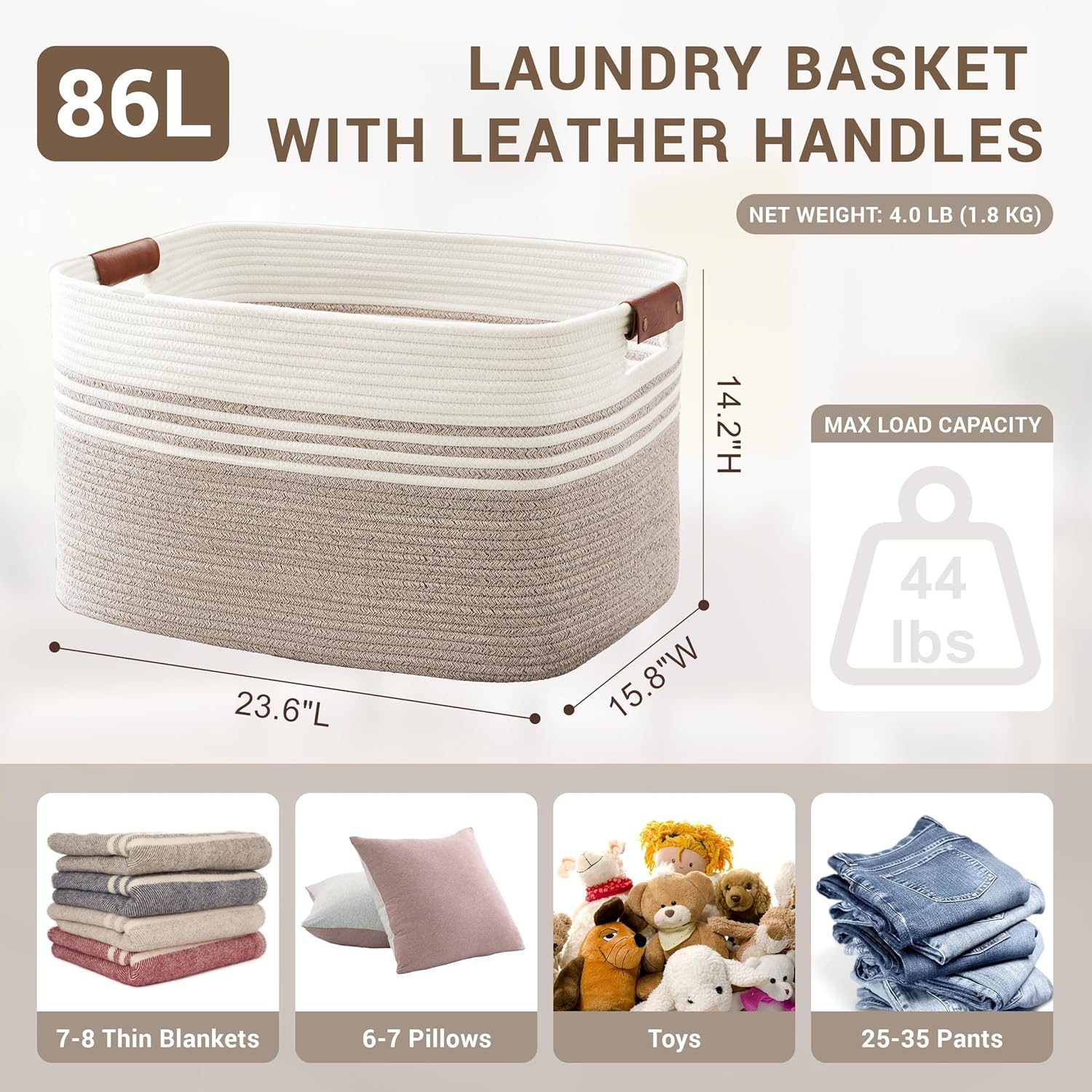 86L Extra Large Laundry Basket with Leather Handles for Living Room Storage, Woven Rope Baskets for