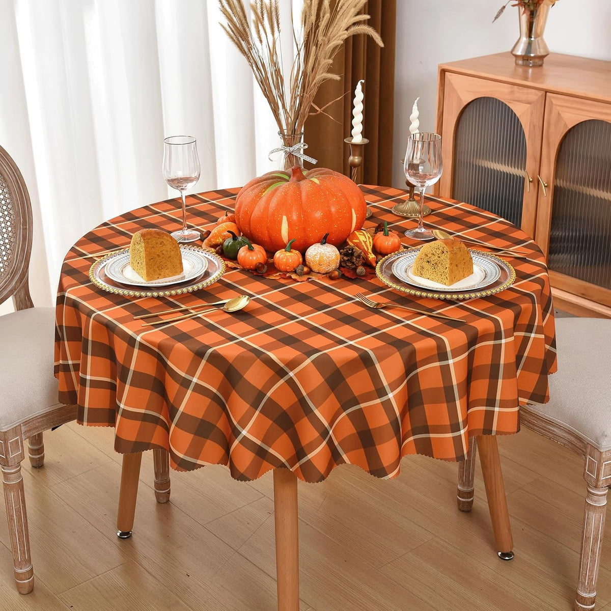 Waterproof Plaid Tablecloth Fabric - Round 58 Inch Classic Gingham Checker Table Cloth for