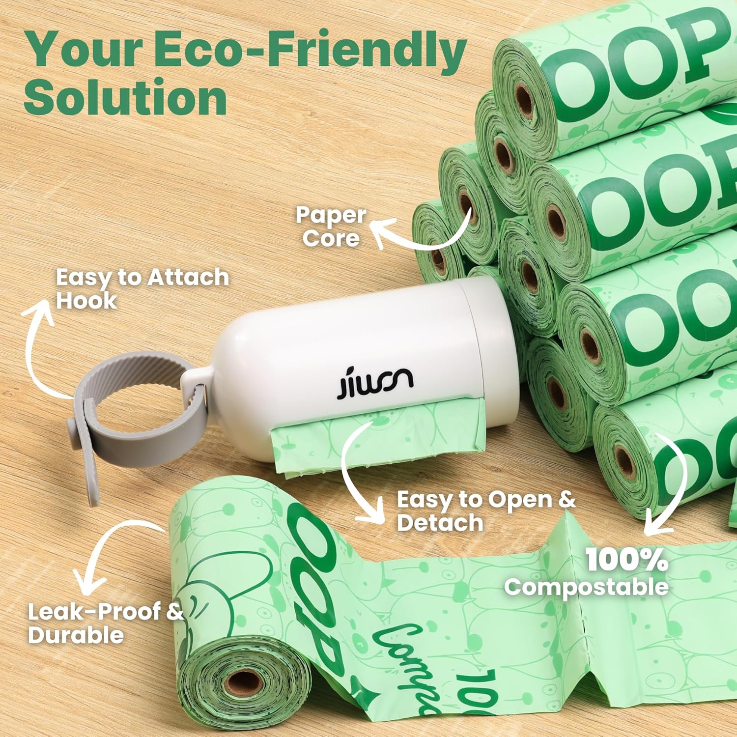 JIWON Dog Poop Bag Dispenser with 100% Compostable Refill Roll, Thick & Leakproof, Plant-Based